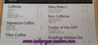 Senarai menu kopi di Cafe Brown Sugar Eatery