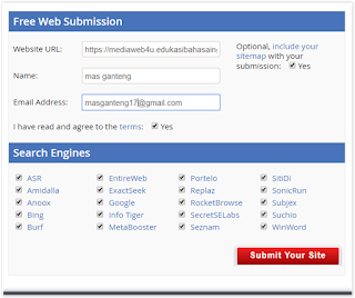 MediaWeb4U-Selamat malam para blogger dan pengunjung dimana saja anda berada, semoga tak ada yang berkurang segala sesuatunya, amin. Setelah memposting mengenai "Cara Pinjam Pulsa Ke XL/ Exis Dan "Cara Memasang Sitemap", Pada kesempatan malam ini saya akan shere bagaimana Cara Mensubmit Blog/ Website Simple Ke Banyak Mesin Pencarian Dan Directory Website Sekaligus, seperti google, bing, yahoo, yandek, MasterMoz, MillionShort, SecretSElabs, dan kawan-kawannya sekaligus dan mudah. Mendaftarkan blog ke mesin pencarian itu adalah sebuah cara yang mesti dilakukan oleh semua blogger, agar blog/ website lebih popular dihasil pencariannya. Semakin banyak mesin pencari yang mengindeks artikel blog kita, maka akan semakin besar kesempatan blog kita akan muncul di halaman depan hasil pencarian ketika seseorang mengetikkan kata kunci di google search atau mesin pencarian lainnya seperti BING dan Yahoo. Karena nya, MENSUBMITE BLOG/ WEBSITE ke mesin pencarian/ search engine adalah suatu hal yang wajib dilakukan agar trafik blog kita bisa meningkat.     MdiaWeb4U-Selamat malam para blogger dan pengunjung dimana saja anda berada, semoga tak ada yang berkurang segala sesuatunya, amin. Setelah memposting mengenai "Cara Pinjam Pulsa Ke XL/ Exis Dan "Cara Memasang Sitemap", Pada kesempatan malam ini saya akan shere bagaimana Cara Mensubmit Blog/ Website Simple Ke Banyak Mesin Pencarian Dan Directory Website Sekaligus, seperti google, bing, yahoo, yandek, MasterMoz, MillionShort, SecretSElabs, dan kawan-kawannya sekaligus dan mudah. Mendaftarkan blog ke mesin pencarian itu adalah sebuah cara yang mesti dilakukan oleh semua blogger, agar blog/ website lebih popular dihasil pencariannya. Semakin banyak mesin pencari yang mengindeks artikel blog kita, maka akan semakin besar kesempatan blog kita akan muncul di halaman depan hasil pencarian ketika seseorang mengetikkan kata kunci di google search atau mesin pencarian lainnya seperti BING dan Yahoo. Karena nya, MENSUBMITE BLOG/ WEBSITE ke mesin pencarian/ search engine adalah suatu hal yang wajib dilakukan agar trafik blog kita bisa meningkat.         Saya translate by google translate ''Statement dari gambar diatas dari situs layanan gratis submit ke 50 mesin pencarian adalah sebagai berikut ;     50 Mesin Pencari dan Direktori Teratas   ''Kami memberikan pengiriman manual dan otomatis gratis ke Mesin Pencari dan Direktori Internet dengan nilai tertinggi, gratis. Mesin Pencari dan Direktori yang tercantum di bawah ini semuanya diberi peringkat berdasarkan popularitas. Peringkat ditentukan oleh Moz.com dan diperbarui secara berkala. Punya pertanyaan tentang FWS? Periksa halaman FAQ kami''.    So kesimpulannya situs ini sangat bagus sekali untuk kita kunjungi dan mensubmit blog kita karena bukan hanya ke mesin pencarian/ search engine saja tetapi juga ke Direktori internet dengan nilai tertinggi, Berikut daftar mesin pencariannya, Sob         Baiklan, jika sobat berminat untuk mensubmit blognya ke 50 search engine dan direktori internet, silahkan klik DISlNI, untuk menuju webnya. Setelah itu scrool kebawah lalu masukan link blog sobat lalu nama sobat dan yang terakhir email sobat, lalu klik agree to term-nya. terkhir klik SUBMITE YOUR SITE, Lihat gabar dibawah ini        selanjutnya buka email sobat dan klik isiemail konfirmasinya. nanti blog anda akan tersebmit ke banyak search engine dan directory.    Sobat harap sabar beberapa detik saja,  Klik Next, jika sobat ingin memasang widget - nya agar ketika sobat hendak mensubmite blog hanya tinggal klik saya. simple kan? Itu saja sheringku tentang "Tutorial Submit Blog/ Web Ke Banyak Search Engine Sekaligus Mudah Dan Simple (Gratis)", Semoga bermanfa'at, amin.    Saya translate by google translate ''Statement dari gambar diatas dari situs layanan gratis submit ke 50 mesin pencarian adalah sebagai berikut ;     50 Mesin Pencari dan Direktori Teratas   ''Kami memberikan pengiriman manual dan otomatis gratis ke Mesin Pencari dan Direktori Internet dengan nilai tertinggi, gratis. Mesin Pencari dan Direktori yang tercantum di bawah ini semuanya diberi peringkat berdasarkan popularitas. Peringkat ditentukan oleh Moz.com dan diperbarui secara berkala. Punya pertanyaan tentang FWS? Periksa halaman FAQ kami''.    So kesimpulannya situs ini sangat bagus sekali untuk kita kunjungi dan mensubmit blog kita karena bukan hanya ke mesin pencarian/ search engine saja tetapi juga ke Direktori internet dengan nilai tertinggi, Berikut daftar mesin pencariannya, Sob     MdiaWeb4U-Selamat malam para blogger dan pengunjung dimana saja anda berada, semoga tak ada yang berkurang segala sesuatunya, amin. Setelah memposting mengenai "Cara Pinjam Pulsa Ke XL/ Exis Dan "Cara Memasang Sitemap", Pada kesempatan malam ini saya akan shere bagaimana Cara Mensubmit Blog/ Website Simple Ke Banyak Mesin Pencarian Dan Directory Website Sekaligus, seperti google, bing, yahoo, yandek, MasterMoz, MillionShort, SecretSElabs, dan kawan-kawannya sekaligus dan mudah. Mendaftarkan blog ke mesin pencarian itu adalah sebuah cara yang mesti dilakukan oleh semua blogger, agar blog/ website lebih popular dihasil pencariannya. Semakin banyak mesin pencari yang mengindeks artikel blog kita, maka akan semakin besar kesempatan blog kita akan muncul di halaman depan hasil pencarian ketika seseorang mengetikkan kata kunci di google search atau mesin pencarian lainnya seperti BING dan Yahoo. Karena nya, MENSUBMITE BLOG/ WEBSITE ke mesin pencarian/ search engine adalah suatu hal yang wajib dilakukan agar trafik blog kita bisa meningkat.         Saya translate by google translate ''Statement dari gambar diatas dari situs layanan gratis submit ke 50 mesin pencarian adalah sebagai berikut ;     50 Mesin Pencari dan Direktori Teratas   ''Kami memberikan pengiriman manual dan otomatis gratis ke Mesin Pencari dan Direktori Internet dengan nilai tertinggi, gratis. Mesin Pencari dan Direktori yang tercantum di bawah ini semuanya diberi peringkat berdasarkan popularitas. Peringkat ditentukan oleh Moz.com dan diperbarui secara berkala. Punya pertanyaan tentang FWS? Periksa halaman FAQ kami''.    So kesimpulannya situs ini sangat bagus sekali untuk kita kunjungi dan mensubmit blog kita karena bukan hanya ke mesin pencarian/ search engine saja tetapi juga ke Direktori internet dengan nilai tertinggi, Berikut daftar mesin pencariannya, Sob         Baiklan, jika sobat berminat untuk mensubmit blognya ke 50 search engine dan direktori internet, silahkan klik DISlNI, untuk menuju webnya. Setelah itu scrool kebawah lalu masukan link blog sobat lalu nama sobat dan yang terakhir email sobat, lalu klik agree to term-nya. terkhir klik SUBMITE YOUR SITE, Lihat gabar dibawah ini        selanjutnya buka email sobat dan klik isiemail konfirmasinya. nanti blog anda akan tersebmit ke banyak search engine dan directory.    Sobat harap sabar beberapa detik saja,  Klik Next, jika sobat ingin memasang widget - nya agar ketika sobat hendak mensubmite blog hanya tinggal klik saya. simple kan? Itu saja sheringku tentang "Tutorial Submit Blog/ Web Ke Banyak Search Engine Sekaligus Mudah Dan Simple (Gratis)", Semoga bermanfa'at, amin.    Baiklan, jika sobat berminat untuk mensubmit blognya ke 50 search engine dan direktori internet, silahkan klik DISlNI, untuk menuju webnya. Setelah itu scrool kebawah lalu masukan link blog sobat lalu nama sobat dan yang terakhir email sobat, lalu klik agree to term-nya. terkhir klik SUBMITE YOUR SITE, Lihat gabar dibawah ini    MdiaWeb4U-Selamat malam para blogger dan pengunjung dimana saja anda berada, semoga tak ada yang berkurang segala sesuatunya, amin. Setelah memposting mengenai "Cara Pinjam Pulsa Ke XL/ Exis Dan "Cara Memasang Sitemap", Pada kesempatan malam ini saya akan shere bagaimana Cara Mensubmit Blog/ Website Simple Ke Banyak Mesin Pencarian Dan Directory Website Sekaligus, seperti google, bing, yahoo, yandek, MasterMoz, MillionShort, SecretSElabs, dan kawan-kawannya sekaligus dan mudah. Mendaftarkan blog ke mesin pencarian itu adalah sebuah cara yang mesti dilakukan oleh semua blogger, agar blog/ website lebih popular dihasil pencariannya. Semakin banyak mesin pencari yang mengindeks artikel blog kita, maka akan semakin besar kesempatan blog kita akan muncul di halaman depan hasil pencarian ketika seseorang mengetikkan kata kunci di google search atau mesin pencarian lainnya seperti BING dan Yahoo. Karena nya, MENSUBMITE BLOG/ WEBSITE ke mesin pencarian/ search engine adalah suatu hal yang wajib dilakukan agar trafik blog kita bisa meningkat.         Saya translate by google translate ''Statement dari gambar diatas dari situs layanan gratis submit ke 50 mesin pencarian adalah sebagai berikut ;     50 Mesin Pencari dan Direktori Teratas   ''Kami memberikan pengiriman manual dan otomatis gratis ke Mesin Pencari dan Direktori Internet dengan nilai tertinggi, gratis. Mesin Pencari dan Direktori yang tercantum di bawah ini semuanya diberi peringkat berdasarkan popularitas. Peringkat ditentukan oleh Moz.com dan diperbarui secara berkala. Punya pertanyaan tentang FWS? Periksa halaman FAQ kami''.    So kesimpulannya situs ini sangat bagus sekali untuk kita kunjungi dan mensubmit blog kita karena bukan hanya ke mesin pencarian/ search engine saja tetapi juga ke Direktori internet dengan nilai tertinggi, Berikut daftar mesin pencariannya, Sob         Baiklan, jika sobat berminat untuk mensubmit blognya ke 50 search engine dan direktori internet, silahkan klik DISlNI, untuk menuju webnya. Setelah itu scrool kebawah lalu masukan link blog sobat lalu nama sobat dan yang terakhir email sobat, lalu klik agree to term-nya. terkhir klik SUBMITE YOUR SITE, Lihat gabar dibawah ini        selanjutnya buka email sobat dan klik isiemail konfirmasinya. nanti blog anda akan tersebmit ke banyak search engine dan directory.    Sobat harap sabar beberapa detik saja,  Klik Next, jika sobat ingin memasang widget - nya agar ketika sobat hendak mensubmite blog hanya tinggal klik saya. simple kan? Itu saja sheringku tentang "Tutorial Submit Blog/ Web Ke Banyak Search Engine Sekaligus Mudah Dan Simple (Gratis)", Semoga bermanfa'at, amin.    selanjutnya buka email sobat dan klik isiemail konfirmasinya. nanti blog anda akan tersebmit ke banyak search engine dan directory.    Sobat harap sabar beberapa detik saja,  Klik Next, jika sobat ingin memasang widget - nya agar ketika sobat hendak mensubmite blog hanya tinggal klik saya. simple kan? Itu saja sheringku tentang "Tutorial Submit Blog/ Web Ke Banyak Search Engine Sekaligus Mudah Dan Simple (Gratis)", Semoga bermanfa'at, amin.