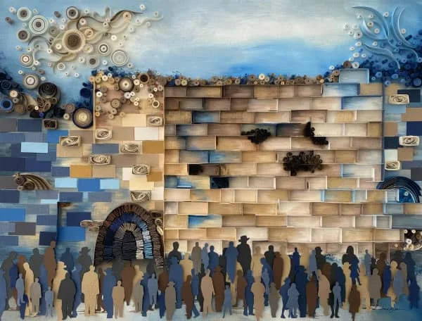 mixed media paper art of kotel with many figures gathered at the wall