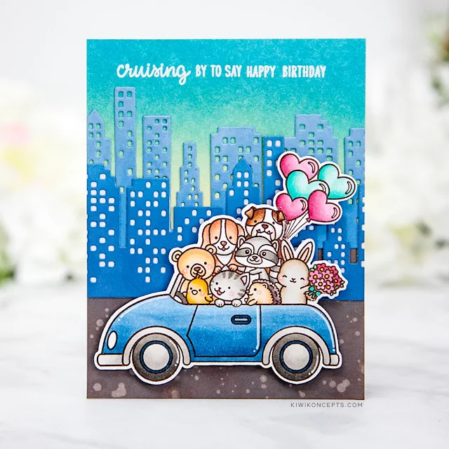 Sunny Studio Stamps: Cruising Critters Cityscape Border Dies Love Monkey Birthday Card by Keeway Tsao