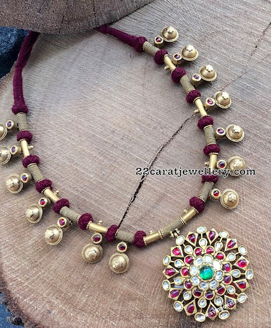 Red Thread Necklace with Kundan Pendant 