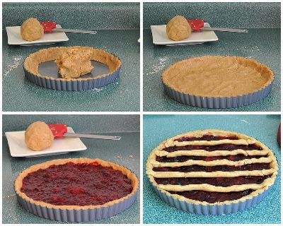 Second collage showing how to make Cranberry Linzer Tart ♥ KitchenParade.com, an impressive European fruit tart, made easy with an almond press-in crust. No rolling!