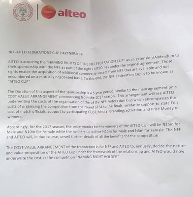 AITEO sponsorship deal with NFF FA Cup