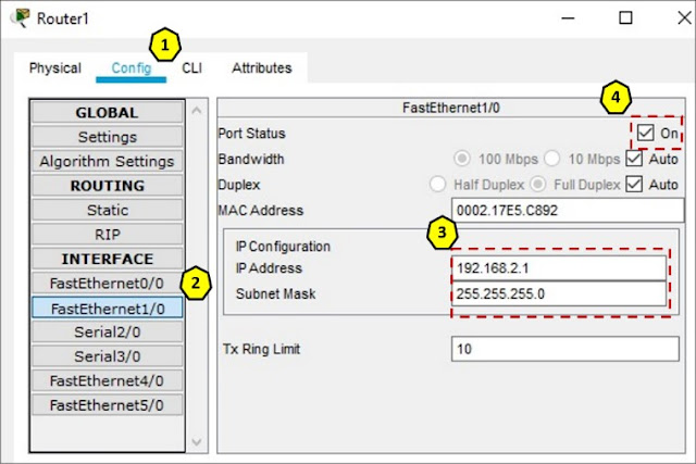 Router1 konfigurasi interface FastEthernet1/0 menggunakan GUI