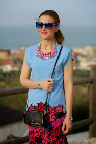 Zara azure blouse, Sodini bijoux pink necklace, zara bonsoir bag, dimples with smile, Fashion and Cookies, fashion blogger