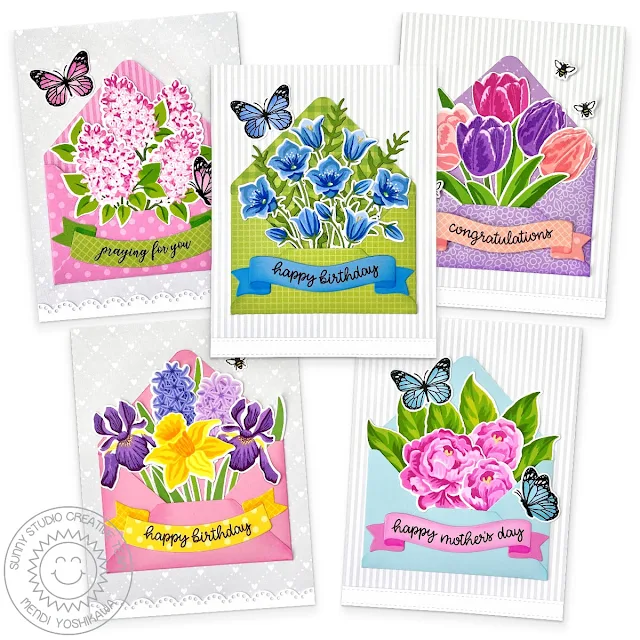 Sunny Studio Stamps Gift Card Envelope Floral Bouquet Handmade Card Set with Mendi Yoshikawa (using Layering Stamps & Craft Dies)