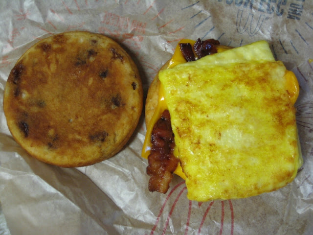 McDonald's Bacon, Egg and Cheese McGriddles sandwich opened up.