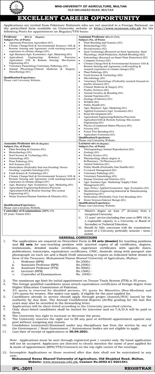 New Jobs in Pakiastan Muhammad Nawaz Shareef University of Agriculture Multan Jobs 2021 | Application Form