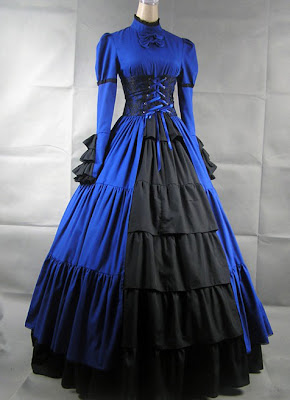 Blue and Black Long Sleeves Gothic Victorian Dress