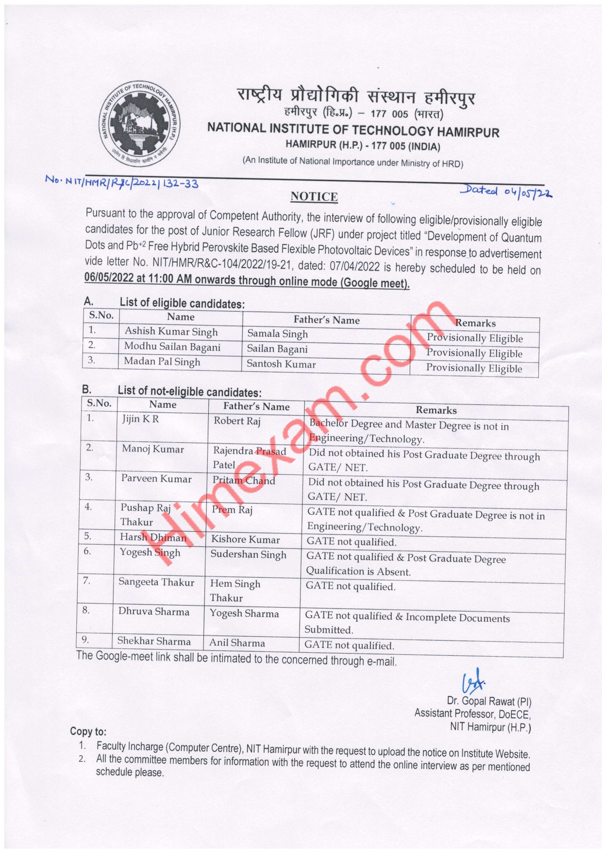 Notice regarding JRF Interview and Shortlisted Applications-NIT Hamirpur