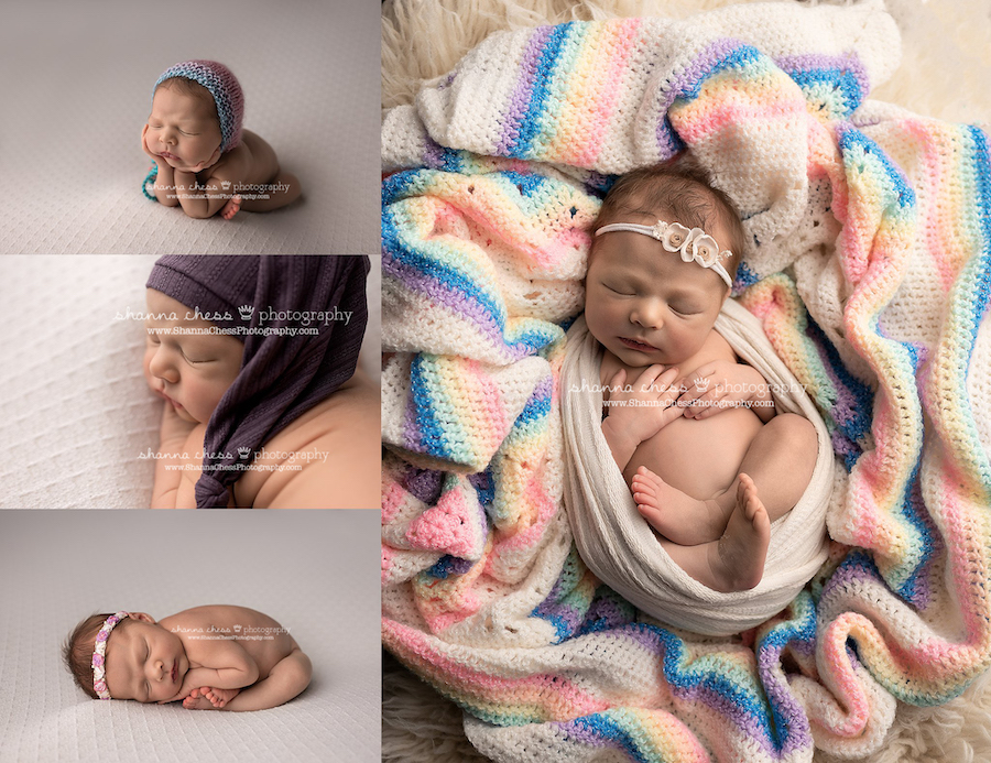 baby girl in handmade rainbow blanket