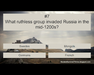 What ruthless group invaded Russia in the mid-1200s? Answer choices include: Swedes, Mongols, Germans, French