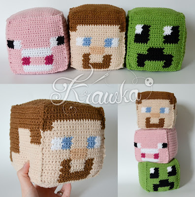 Krawka: CubeMAN Cube PIG CubeMonster - minecraft inspired cube heads crochet pattern by Krawka