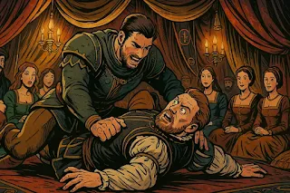François Ier défie Henri VIII au Camp du Drap d’Or : une scène de lutte chevaleresque en 1520 François Ier terrasse Henri VIII dans un combat amical sous la tente du Camp du Drap d’Or, sous les regards surpris de la cour.