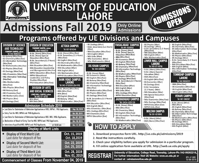 University of Education Lahore Admission Newspaper Ad Fall 2019
