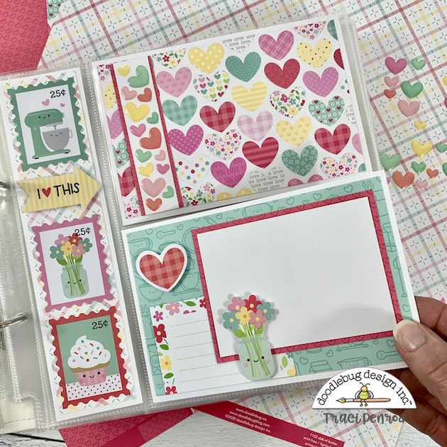 8x8 Valentine's Day scrapbook page layout with a cute baking theme, colorful enamel hearts, and pretty flowers