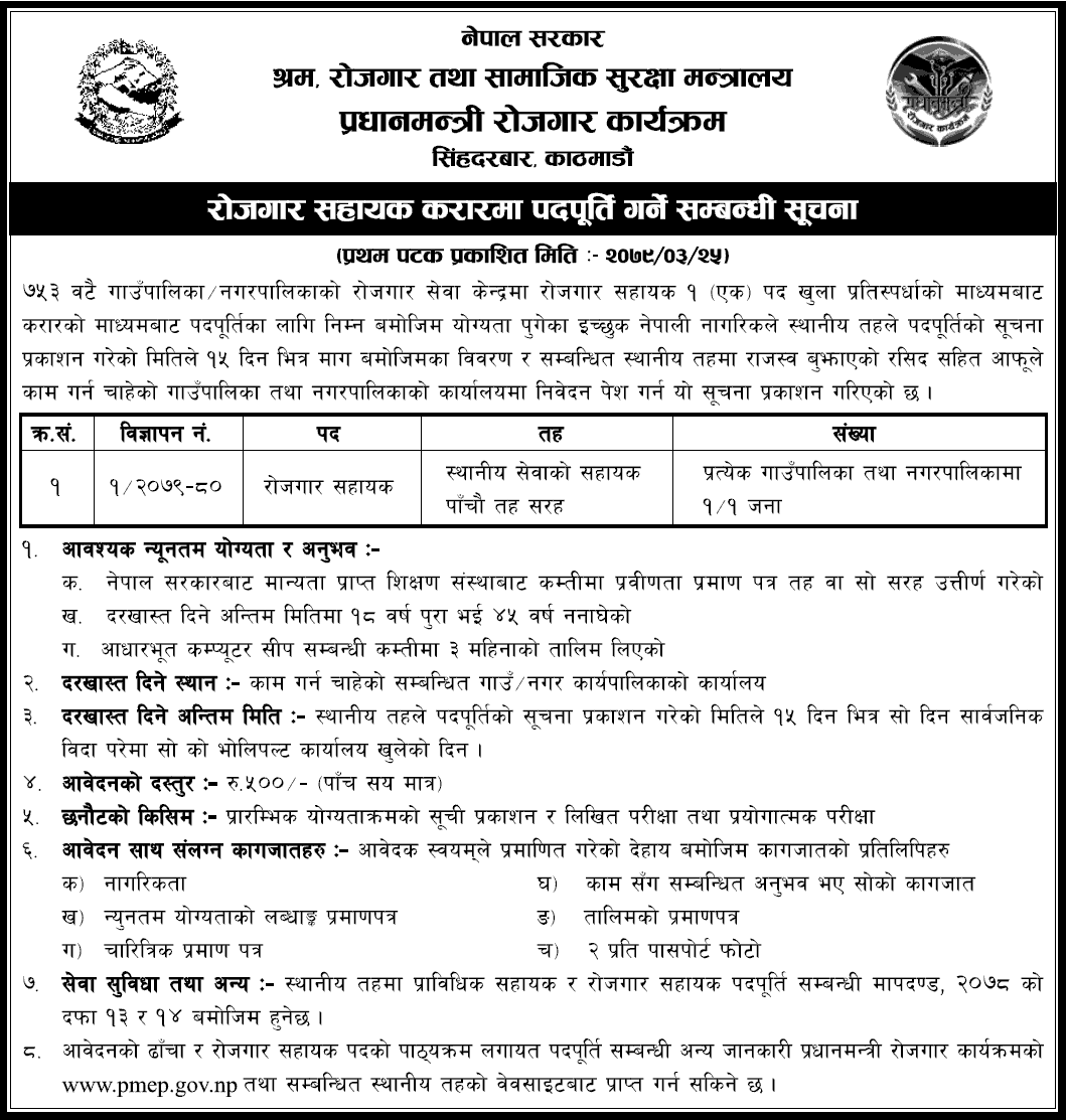 Prime Minister Employment Program Vacancy for Rojgar Sahayak