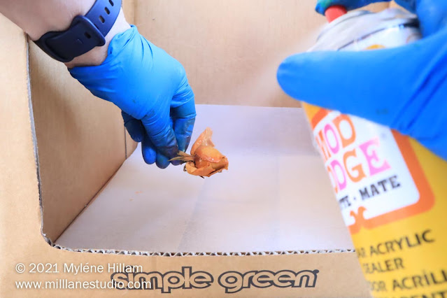 Gloved hand holding a rosebud being sprayed with Mod Podge inside a cardboard box spray booth.