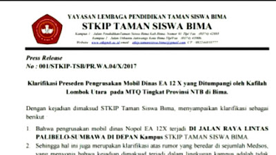 STKIP Tamsis Bima Bantah Insiden Pengrusakan Mobdis Bappeda Terjadi di Dalam Kampus