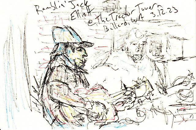 Messy line art drawing of two men playing guitars - one centerish of the frame, the other off to the right. Written in a sloppy hand is "Ramblin' Jack Elliott @ The Tractor Tavern Ballard WA 3.12.23"