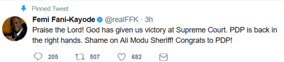 "Shame on Ali Modu Sheriff" - Femi Fani-Kayode celebrates Makarfi's victory at the Supreme court 