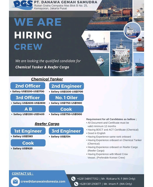 Hiring Ship Crew Chemical Tanker Officer, Oiler, AB, Cook March 2024