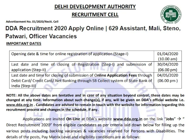  DDA Recruitment 2020 Apply Online - 629 Assistant, Mali, Steno, Patwari, Officer Vacancies LD 30/04/2020