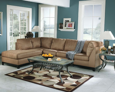Long Living Room Design on Neutral Living Room With Tile Floor Brown Long Corner Sofa Glass Table