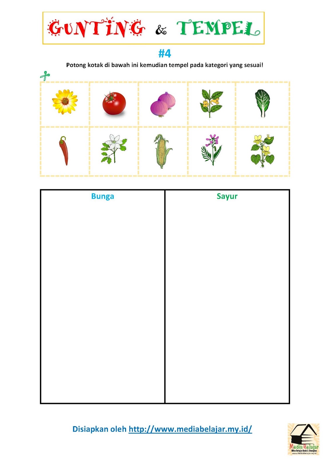 Gunting dan Tempelkan Gambar Sesuai Kategori Bunga Vs Sayur