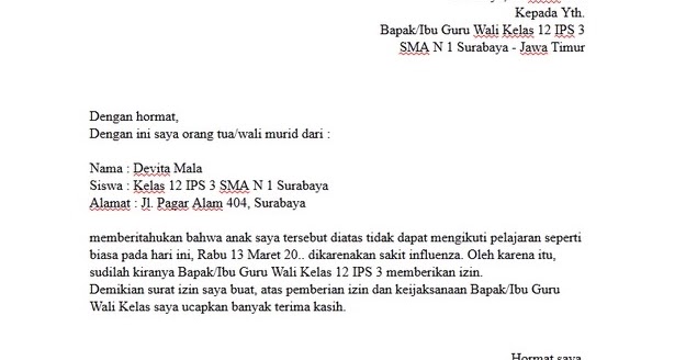 Contoh Surat Izin Absen Sekolah - Surat 29