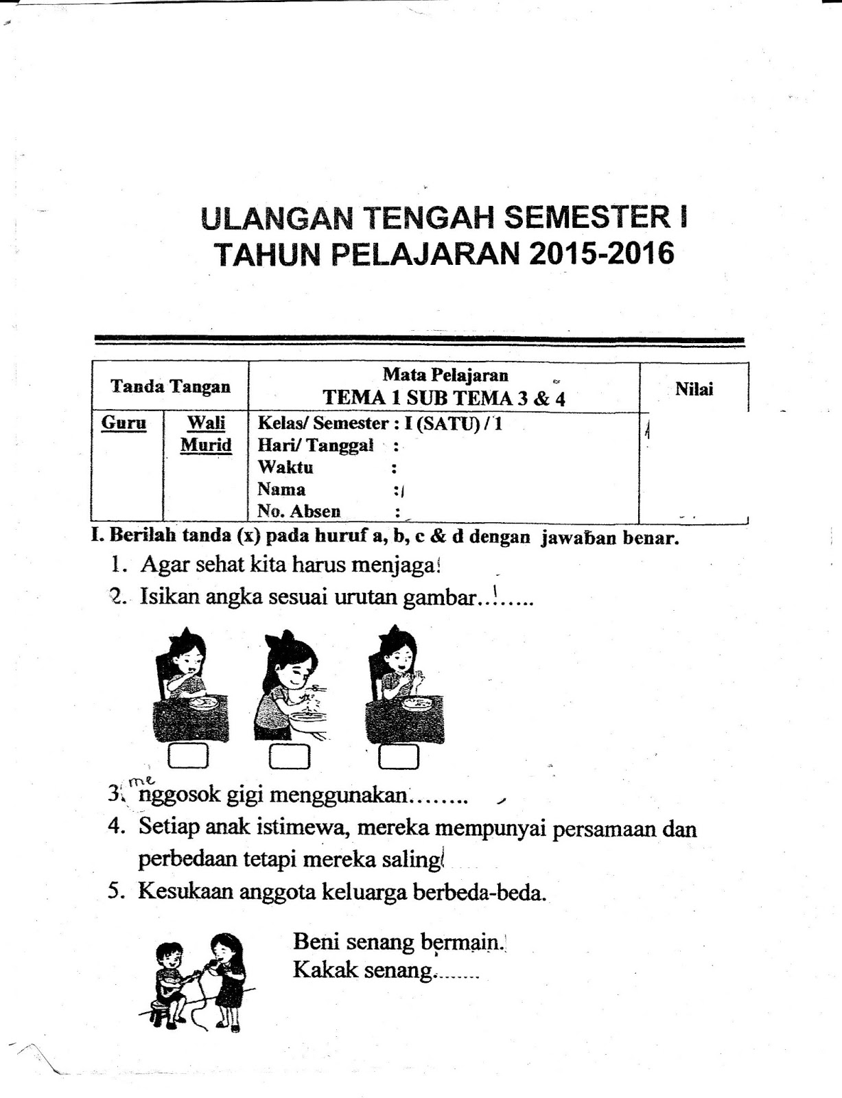 Sub Tema 3 dan 4 SD Kelas 1 Semester Ganjil TA 2015 2016 Kurikulum 2013