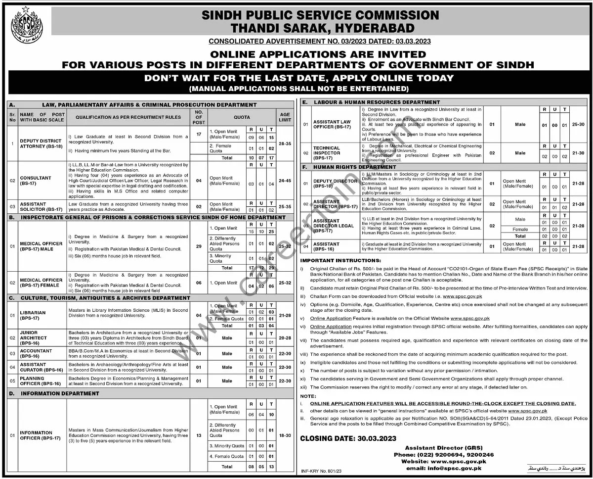 Sindh Public Service Commission SPSC Jobs 2023 - Latest Advertisement