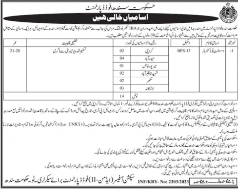 Sindh Govt Jobs In Food Department Job