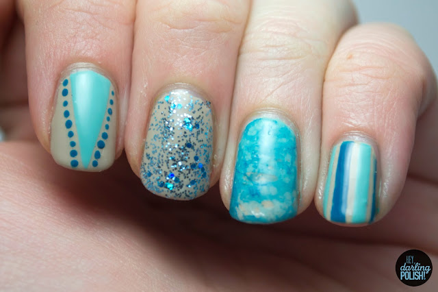 nails, nail polish, nail art, nail skittles, polish, neutral, blue, glitter, stripes, water spotted, china glaze for audrey, opi did you ear about van gogh?, hey darling polish