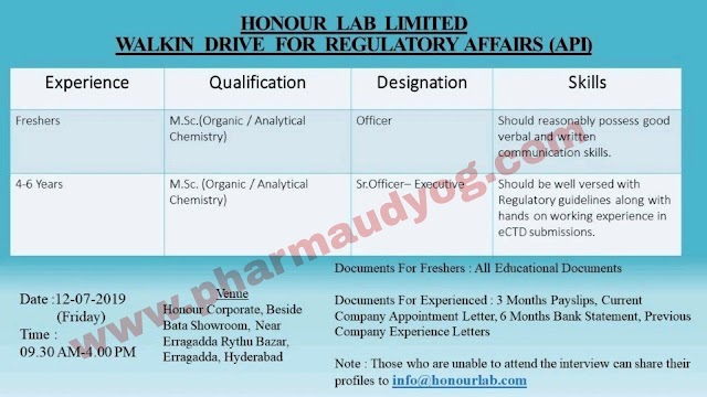 Honour Labs | Walk-in interview for Regulatory Affairs | 12 July 2019 | Hyderabad