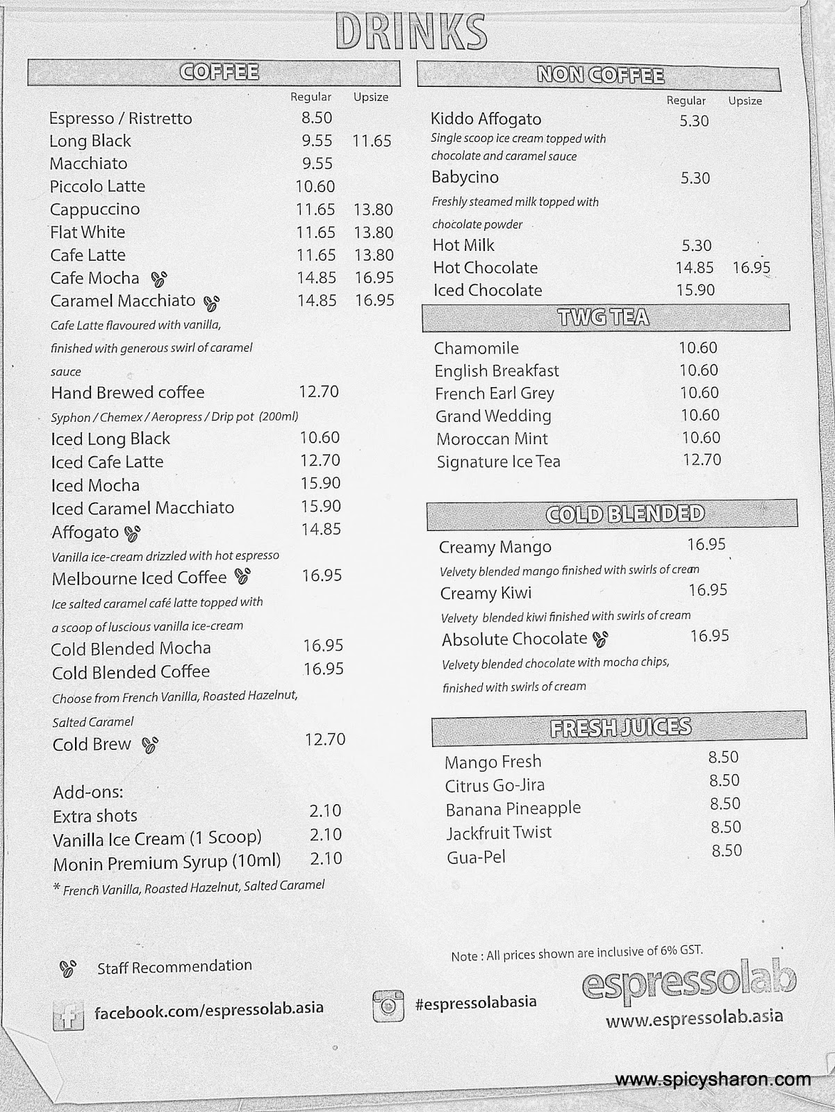 menu and prices