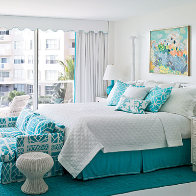 Turquoise and white + trellis pattern + wicker + abstract painting ...