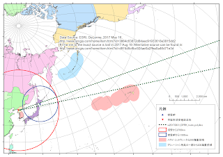 図　平壌・順安地区から2700kmと襟裳岬から1180kmのバッファによるミサイルの航路の推定