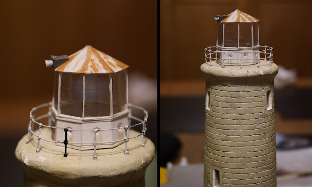 A two photo montage showing the lighthouse railing being repainted.