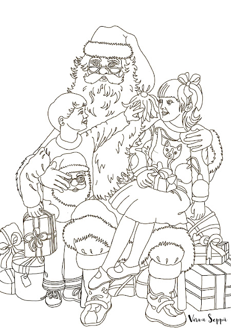 A Christmas themed coloring page of Santa Claus with children (by Virva Seppä) / Jouluinen värityskuva Joulupukista lasten kanssa (tehnyt: Virva Seppä)