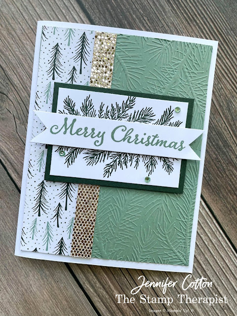 Christmas card using Stampin' Up!®'s Evergreen Elegance Bundle.  I also used the Be Dazzling Sale a Bration Specialty Paper, Tidings of Christmas designer series paper, Wintry embossing folder, and the Holiday Rhinestones.  Video, supply list, and measurements on the blog.   Click the photo to go to the blog post!  #StampinUp #StampTherapist #EvergreenElegance