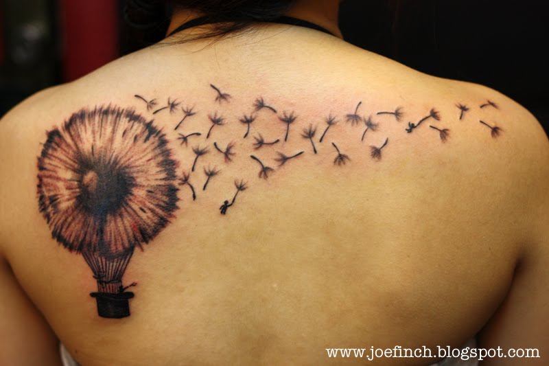 New School Swallow Tattoo with Blossom HotAired Dandelion Balloon Tattoo