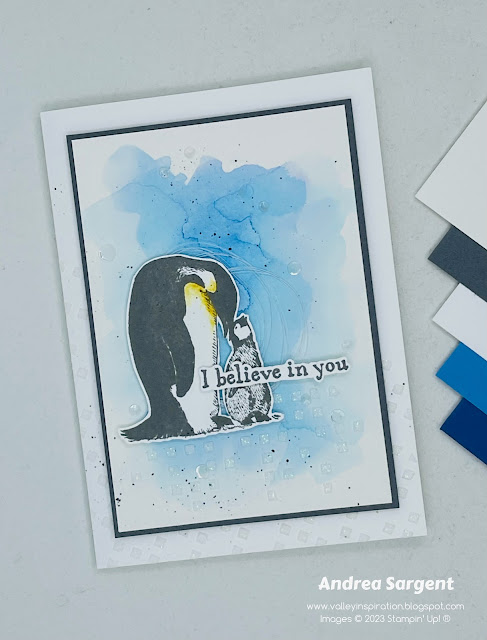 A watercoloured background with Basic Gray Sweet & Precious penguins creates a gorgeous scenic card and add some embossing paste for a little extra flourish.