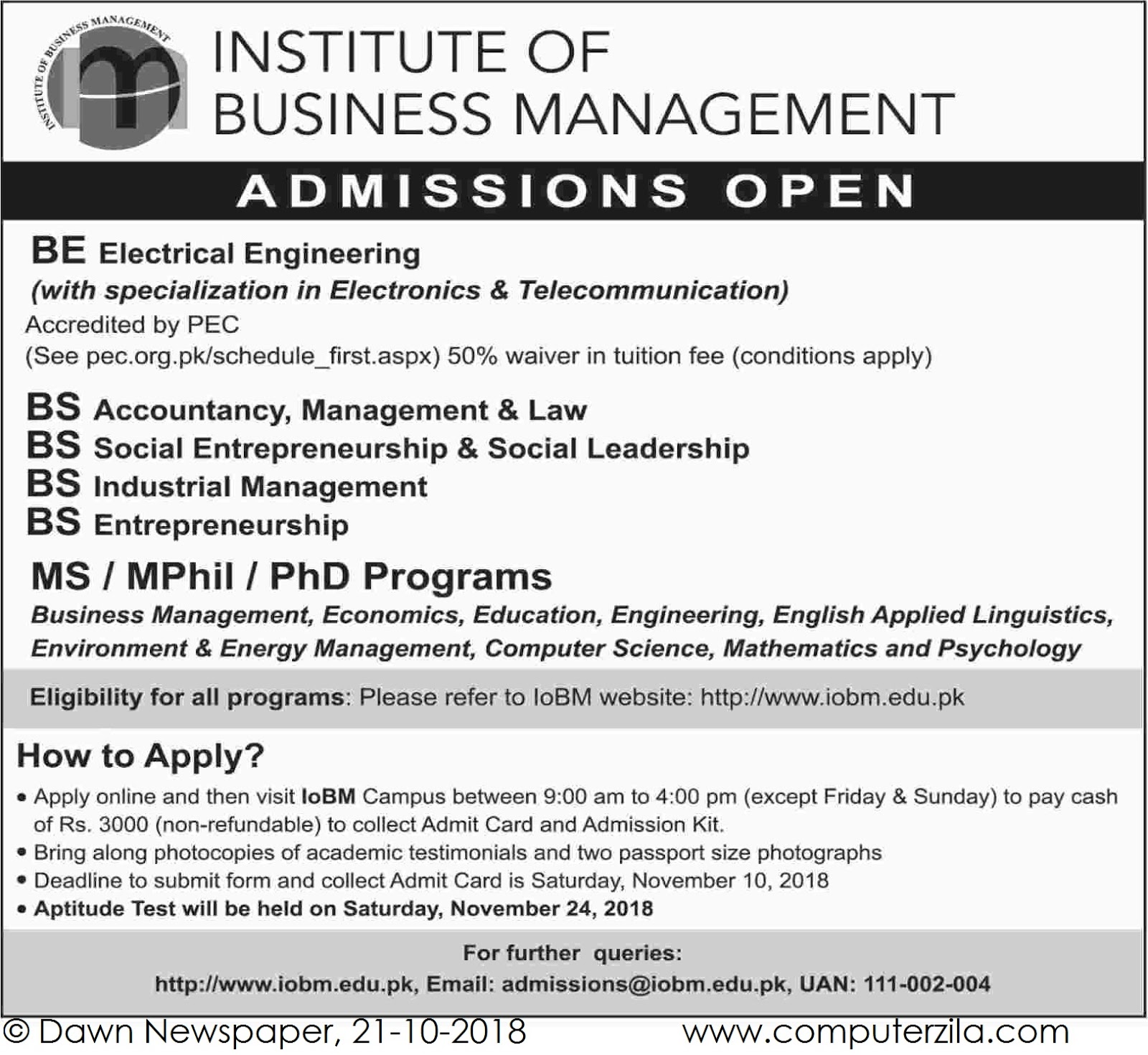 Institute Of Business Management Iobm Admissions Open 2019