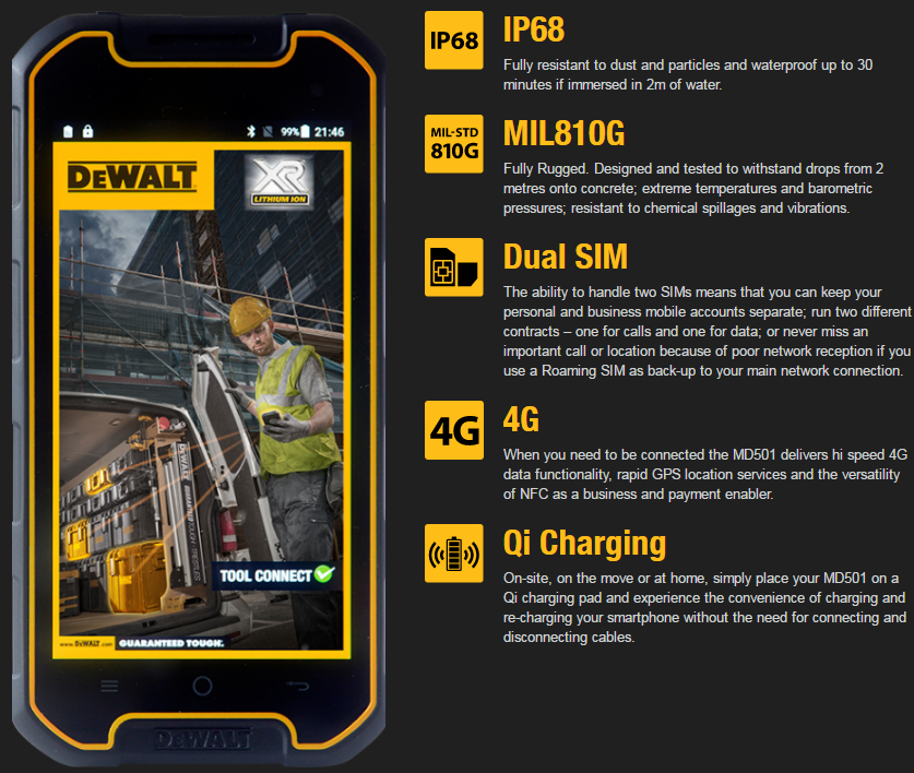Image of IP68 Fully resistant to dust and particles and waterproof up to 30 minutes if immersed in 2m of water. MIL810G MIL810G Fully Rugged. Designed and tested to withstand drops from 2 metres onto concrete; extreme temperatures and barometric pressures; resistant to chemical spillages and vibrations. Dual SIM Dual SIM The ability to handle two SIMs means that you can keep your personal and business mobile accounts separate; run two different contracts – one for calls and one for data; or never miss an important call or location because of poor network reception if you use a Roaming SIM as back-up to your main network connection. 4G 4G When you need to be connected the MD501 delivers hi speed 4G data functionality, rapid GPS location services and the versatility of NFC as a business and payment enabler. Qi Charging Qi Charging On-site, on the move or at home, simply place your MD501 on a Qi charging pad and experience the convenience of charging and re-charging your smartphone without the need for connecting and disconnecting cables.