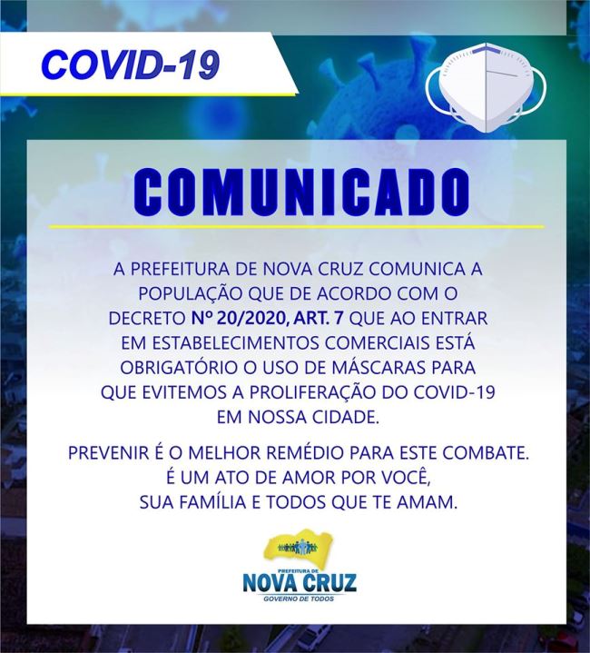 Em Nova Cruz, prefeitura edita Decreto para Funcionamento de Comércios, e Determina o uso de Máscaras para Acessos aos Estabelecimentos.