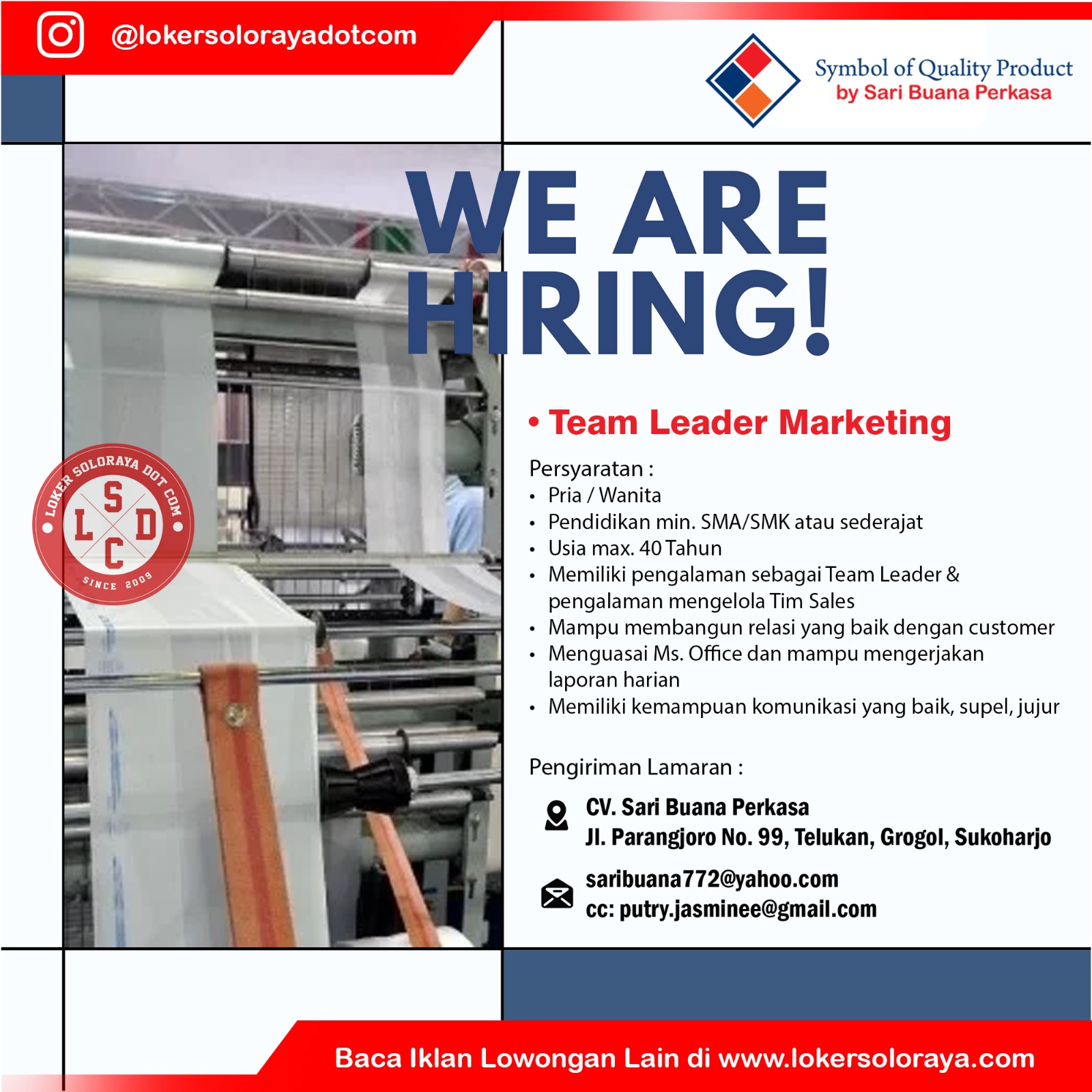 Loker Team Leader Marketing, Staff Marketing Sukoharjo di CV Sari Buana Perkasa