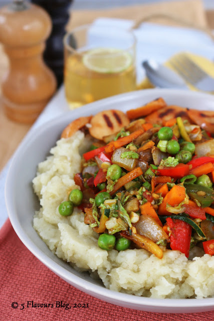 Veggie Stir-fry on Mash with Grilled Russian