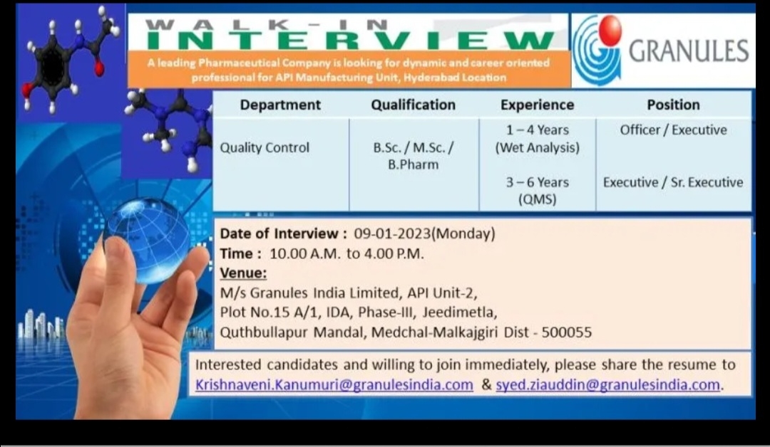 Job Availables, Granules Walk In Interview For Quality Control Department For BSc/ MSc/ B Pharm