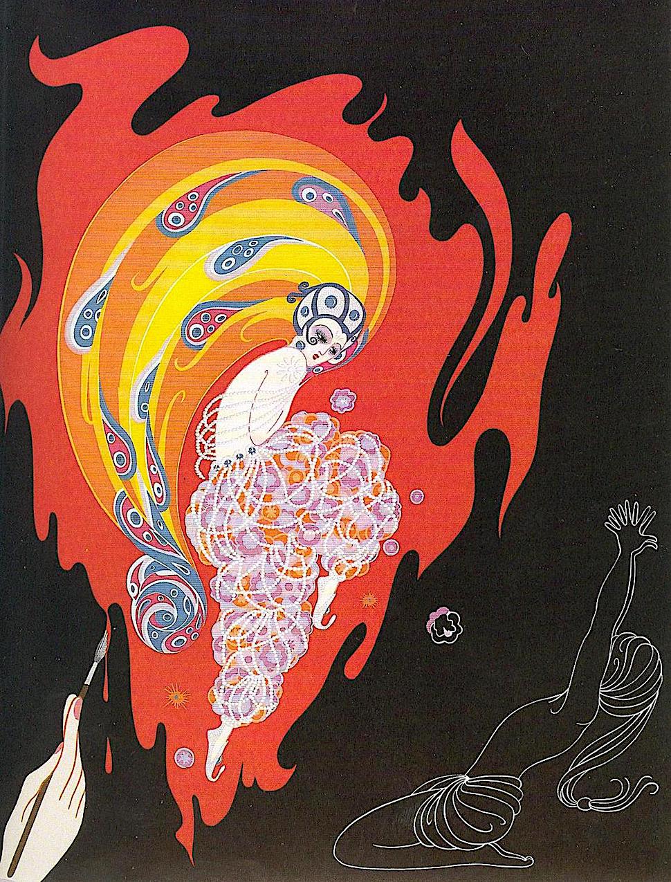 an Erté Romain de Tirtoff illustration of a woman in fire